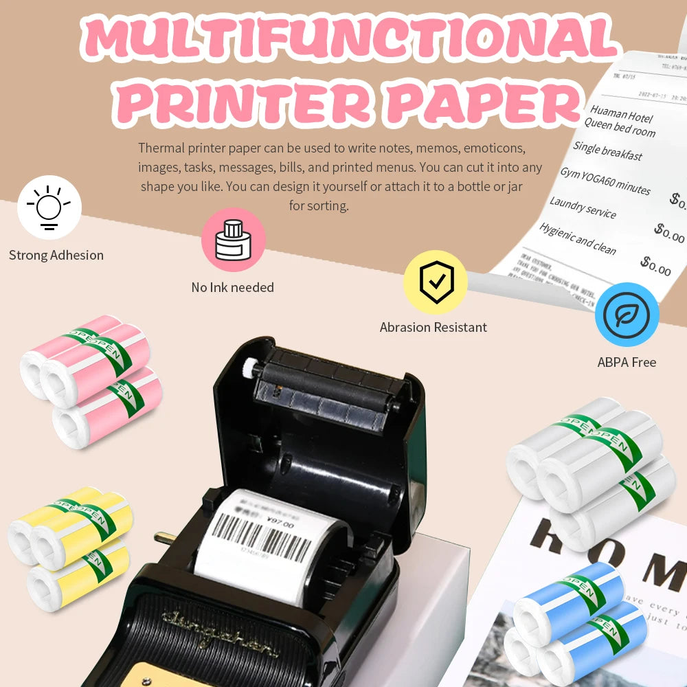 57*25MM HD Mini Printer Thermal Paper Self-Adhesive Roll Paper Label Sticker Photo Inkless Printing Portable Printer Color Paper